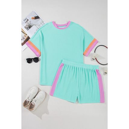 Light Blue Plus Size Color Block Corded Knit Tee and Shorts Set