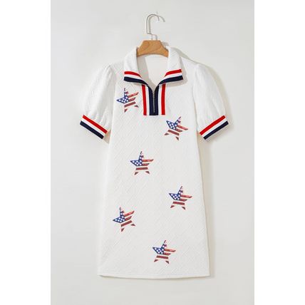 White July 4th Sequined USA Flag Star Patched Textured Collared T Shirt Dress