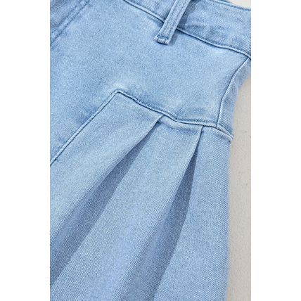 Dusk Blue Pleated Patchwork Wide Leg Lightweight Denim Shorts
