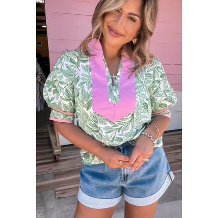 Green Leaves Pattern Color Block V Neck Puff Sleeve Blouse