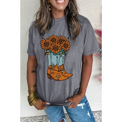 Gray Sunflower Cowgirl Boots Print Western Fashion T Shirt