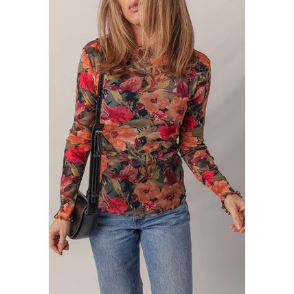 Multicolour Floral Print Lettuce Trim Long Sleeve Mesh Top