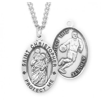 St. Christopher 24 Inch Sterling Silver Basketball Medal Necklace