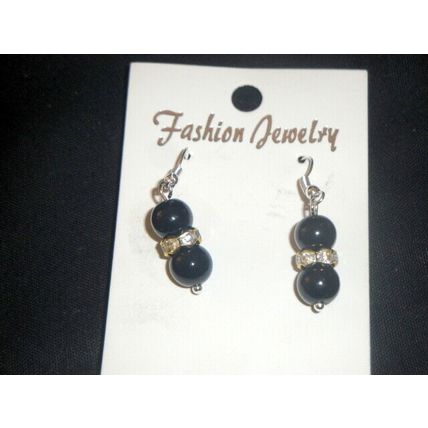 Elegant jet black glass & clear crystal rhinestone short drop earrings