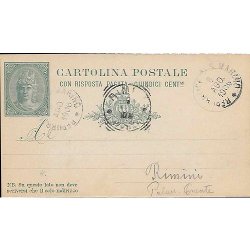 San Marino Reply Postal Card 1906 to Rimini Squared Circle