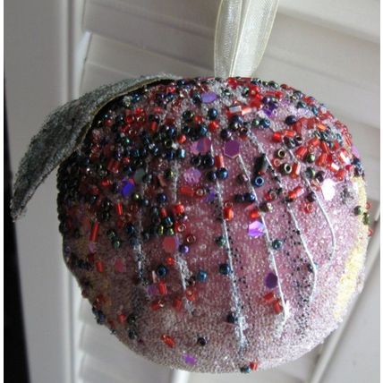 Christmas Ornament: Set of 2 Beaded Apples - Green & Rosy Pink