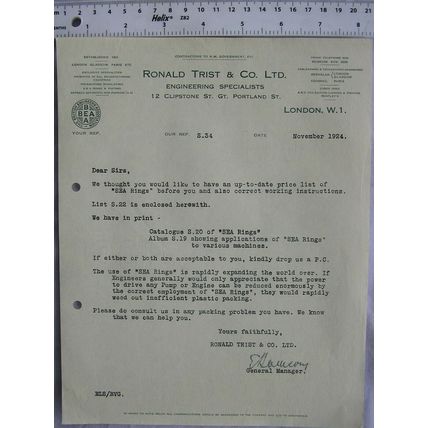 1924 letter Ronald Trist & Co., London