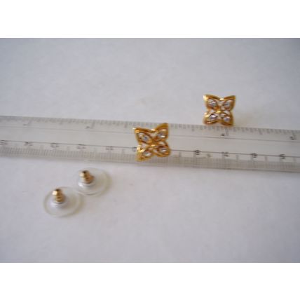 Vintage Earrings Quatrefoil Gothic Medieval Filigree Gold Plated White Crystal