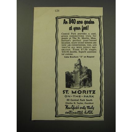 1955 St. Moritz On-The-Park Hotel Ad - An 840 acre garden at your feet