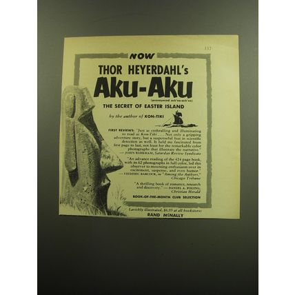 1958 Rand McNally Book Advertisement - Aku-Aku by Thor Heyerdahl