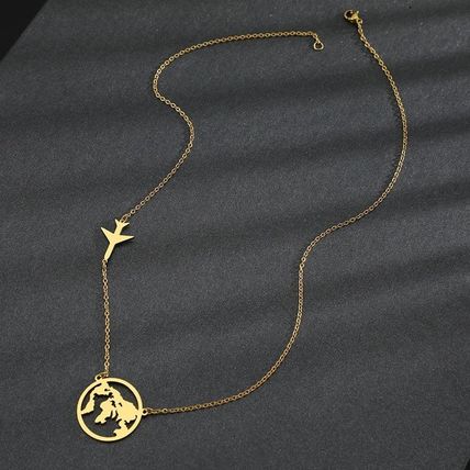 World Map & Airplane Pendant Necklace 45 CM Stainless Steel Travel Jewelry
