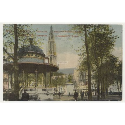 Belgium Antwerp. Place Verte, Statue P P Ruben et Kiosque E.S.A.B. No.6 RPPC