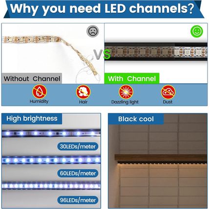 Muzata 10Pack 3.3FT/1M LED Channel Black Aluminum U Shape LED Strip Channel with