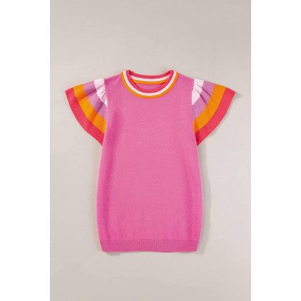 Bright Pink Contrast Flutter Sleeves Knitted Sweater T Shirt