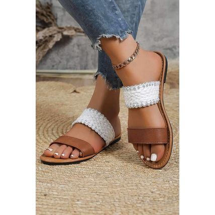 Chestnut Faux Leather Woven Strap Flat Slippers