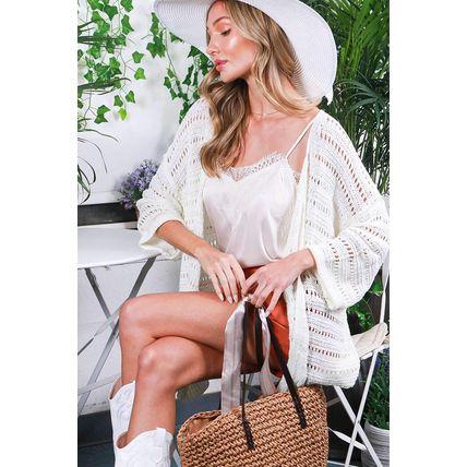 White Pointelle Knit Bracelet Sleeve Open Cardigan