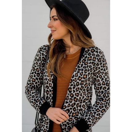 Black Leopard Patched Pocket Open Front Cardigan