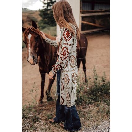 Brown Western Aztec Printed Open Front Long Cardigan