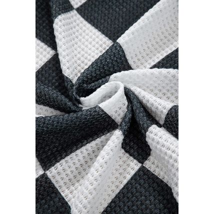 Black Checkered Waffle Knit Thumbhole Open Front Cardigan