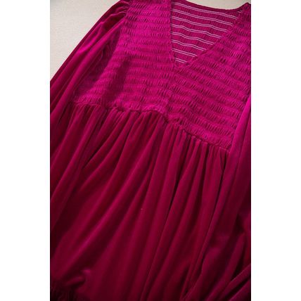 Rose Red Shirred V Neck Tiered Ruffled Velvet Plus Size Maxi Dress
