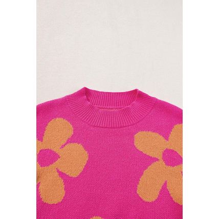 Rose Big Flower Pattern Mock Neck Long Sleeve Sweater