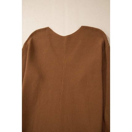 Camel Ribbed Knit Drop Sleeve V Neck Loose Fit Sweater