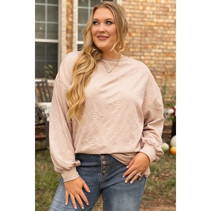 Parchment Plus Size Textured Drop Shoulder Crew Neck Sweatshirt