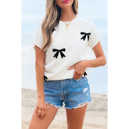 White Bow Pattern Knit Short Sleeve Sweater