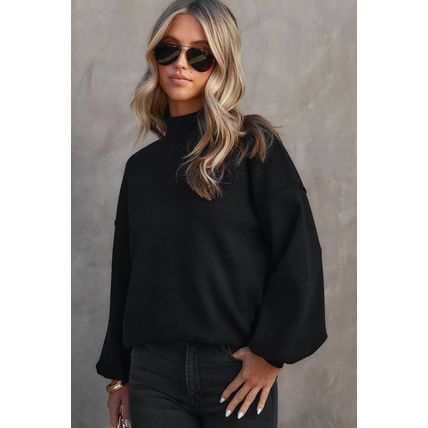 Black Turtleneck Drop Shoulder Bubble Sleeve Knit Sweater