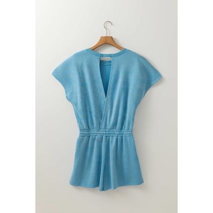 Mist Blue Mineral Wash Drawstring Waist Hollow Out Back Short Sleeve Romper
