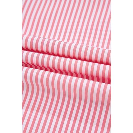 Pink Stripe Notched Neck Frilled Short Puff Sleeve Blouse