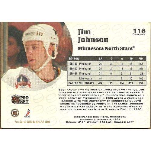NHL Pro Set 1991 Trading Card 116 Jim Johnson Minnesota North Stars