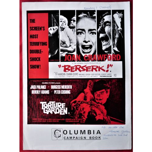 BERSERK! / TORTURE GARDEN (1984) vintage UK Press booklet ***Joan Crawford***