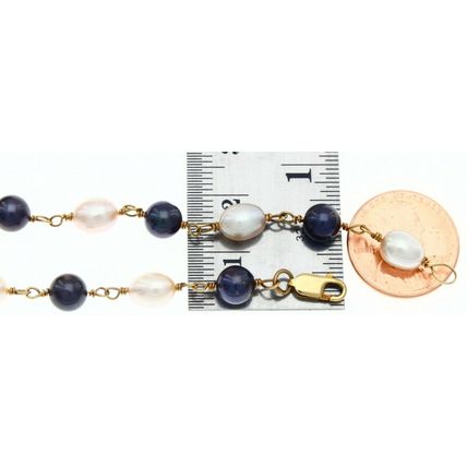 Genuine Black & White Pearl Bead Bracelet Real Solid 14K Yellow Gold 8 Inch Long