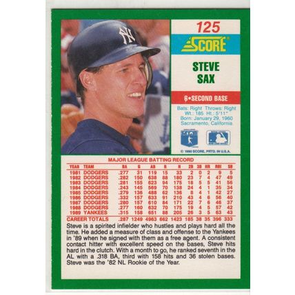 1990 Score Steve Sax baseball card #125