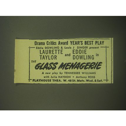 1945 The Glass Menagerie Play Advertisement - Drama Critics Award