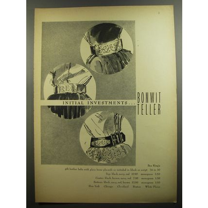 1952 Bonwit Teller Belts by Ben King Ad - Initial Investments