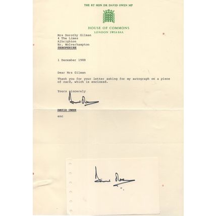 David Owen MP House Of Commons 2x Hand Signed Letter & Autograph Card