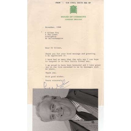 Cyril Smith 2x Autograph House Of Commons Letter & Hand Signed Photo Bundle