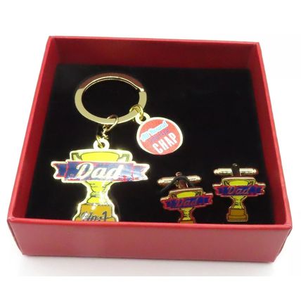 Worlds Greatest Dad Keyring & Cufflinks Trophy Shaped Set Fathers Day Gift