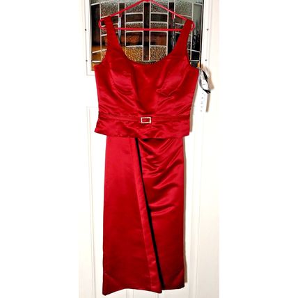 Bill Levkoff European Red Satin 2Pc Full Maxi Skirt Crop Top Rhinestone S-16 NEW