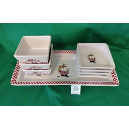 8 PIECE SET PORCELAIN TASTING or DIPPING SET RED CHECKERBOARD CHEF MOTIF
