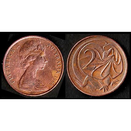Australia Two Cent 1966 Used. Coin Frilled neck-lizard, 2c QE II
