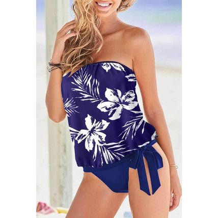 Blie Floral Pattern Strapless Tankini Set