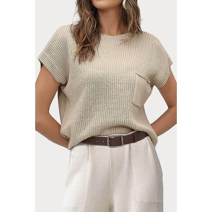 Pale Khaki Patch Pocket Short Sleeve Sweater