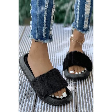Black Plush Band Comfy Home Slippers