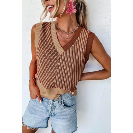 Light French Beige Contrast Chevron Knit V Neck Sweater Vest