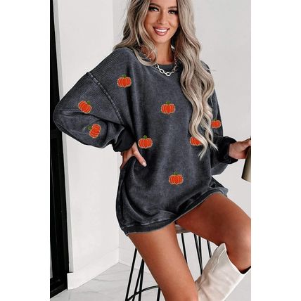 Gray Halloween Pumpkin Graphic Drop Shoulder Ribbed Sweatshirt
