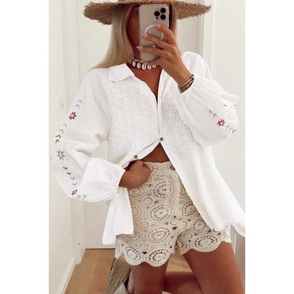 White Floral Embroidered Puff Sleeve Eyelet Patchwork Shirt