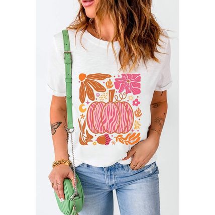 White Floral Pumpkin Printed Crewneck Thanksgiving T Shirt